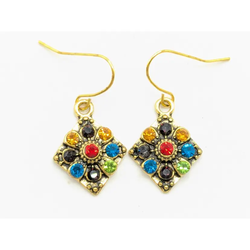 Colorful Rhinestone Dangle Earrings Gold Tone