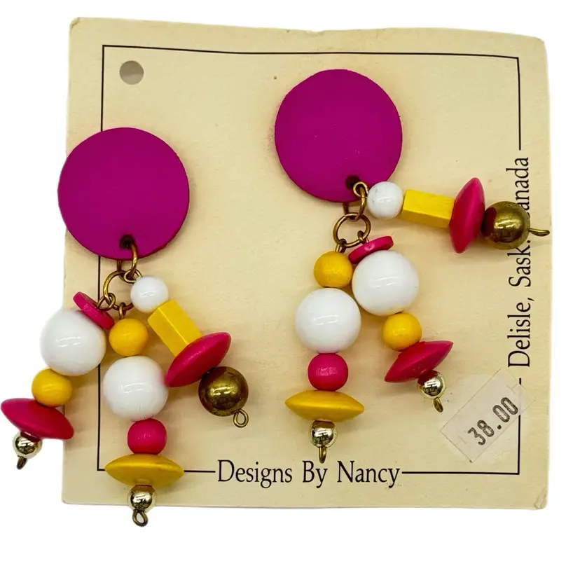 Vintage 1980’s Hand Made  Earrings Leather Metal Wood Mixed Material Retro OOAK