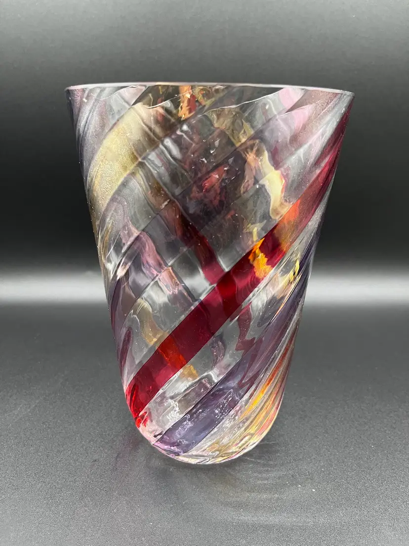 MCM Max Kannegiesser Czech Bohemian Red, Purple and Gold Swirl Art Glass Vase 8”