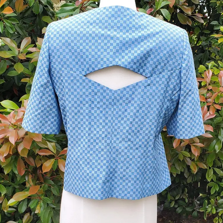 1980s Jerry Skupa Chambray, Checkered, Suit Jacket With Keyhole Cutout, Pearlescent Buttons, Matching Pants