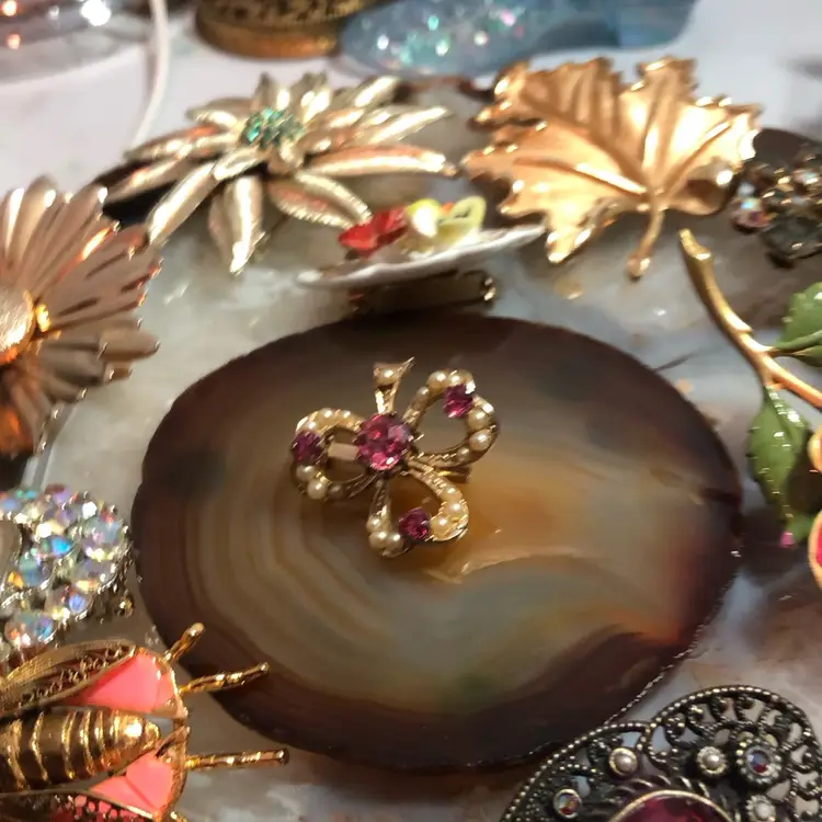 Coro Pink Rhinestone and Faux Pearl Shamrock Brooch