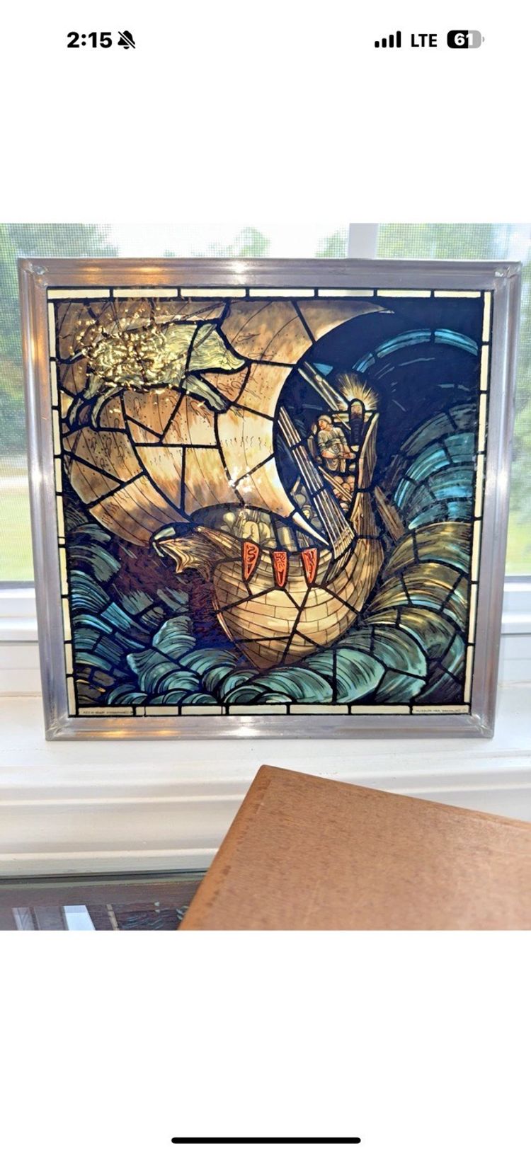 MCM Framed Viking Ship Stained Glass Picture Vintage, 10 in by 10 in