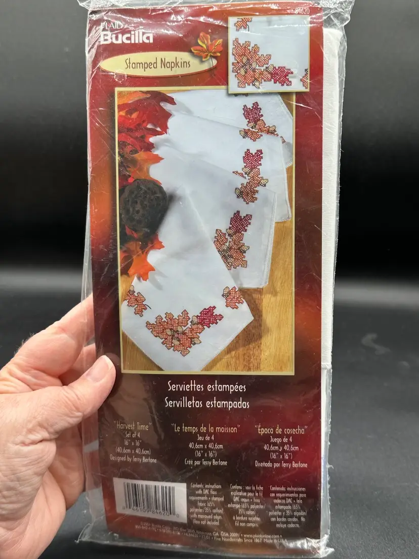 NEW Bucilla Stamped Cross Stitch Kit Harvest Time Set 4 Napkin Thanksgiving