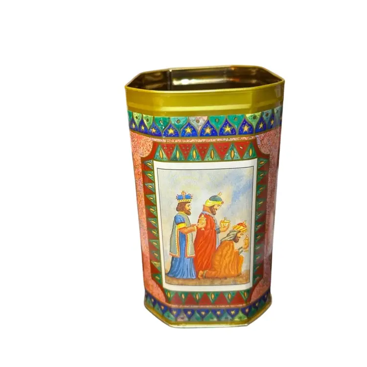 Vintage biscuit tin, likely manufactured in the U.K., featuring Christmas nativity scenes