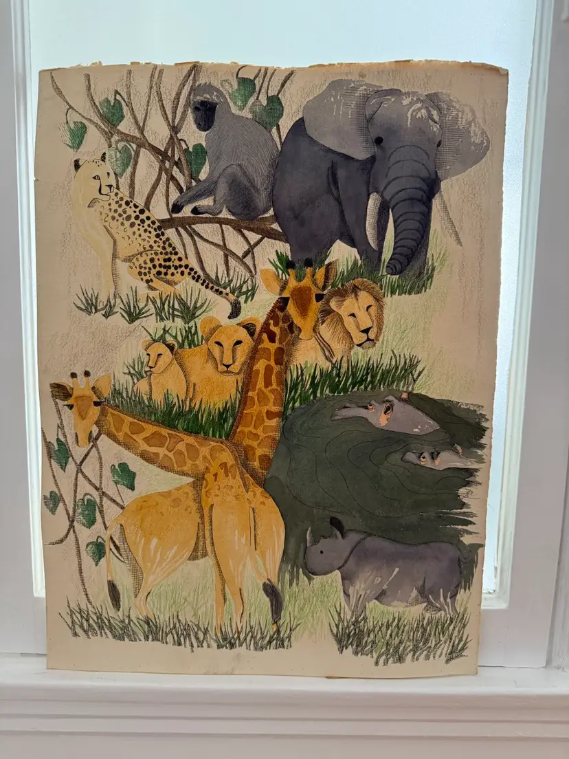 Hand Painted Water Color Jungle Animals Painting