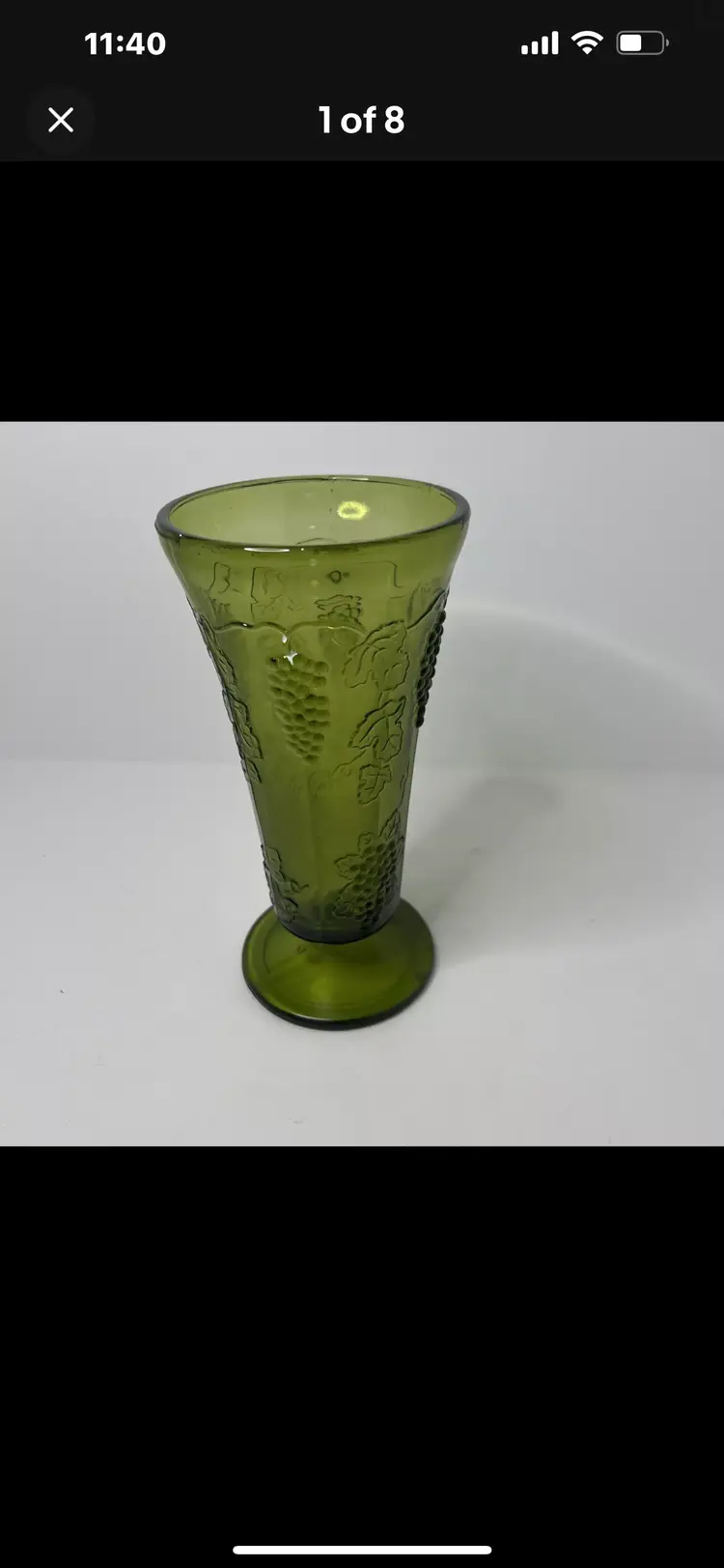 Indiana Colony Green Glass Vase With Grapevine 10”