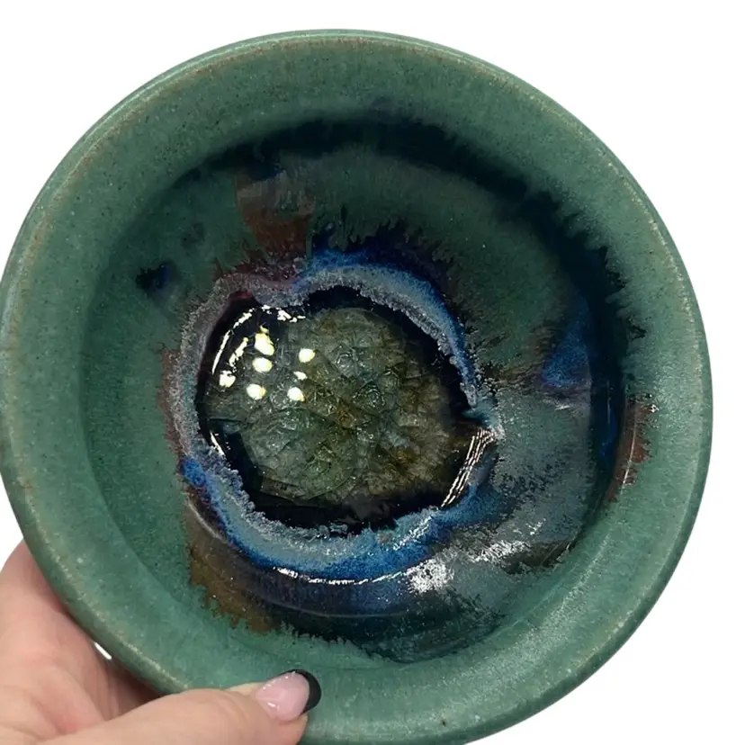 Stoneware Pottery Bowl w Crackle Glass Green And Blue, Signed Handmade | 6.25”