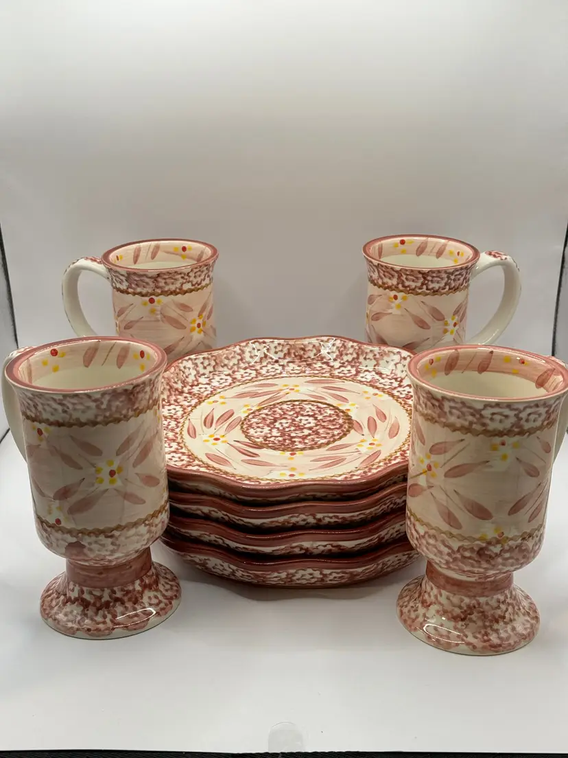 Vintage Old World Red Pattern Marbled Ceramic Tea Set Of 4 With Plates And Postal Mugs, Floral Motif, Red Pink and Cream Palette, By Temp-tations, Made In China
