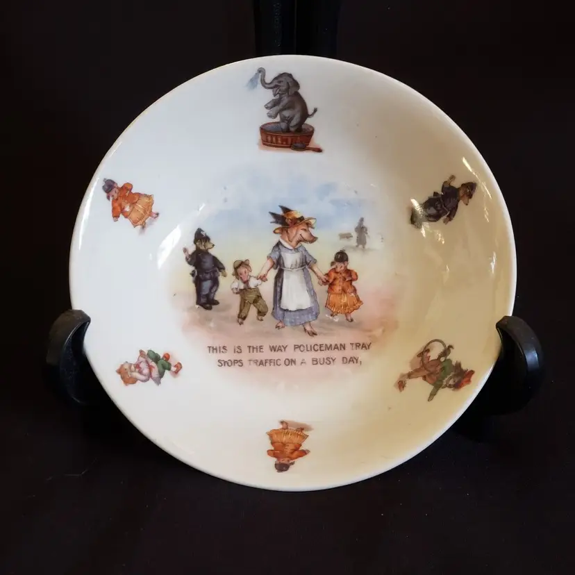 German Porcelain Childs Bowl Policeman Tray Piggies in Costumes 5 3/4" diameter Vintage