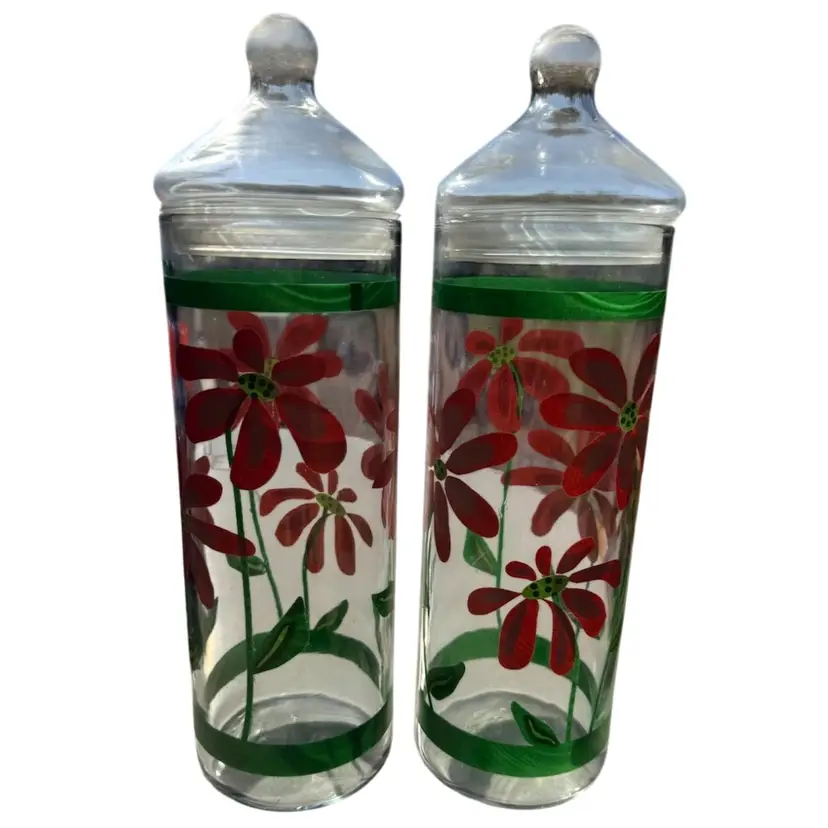 Vintage Set Of Hand Painted Floral Apothecary 12” Jars
