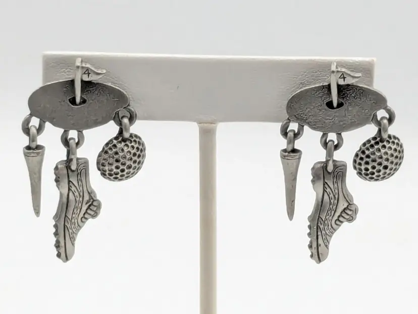 Vintage JJ Golf Themed Dangle Earrings Pewter