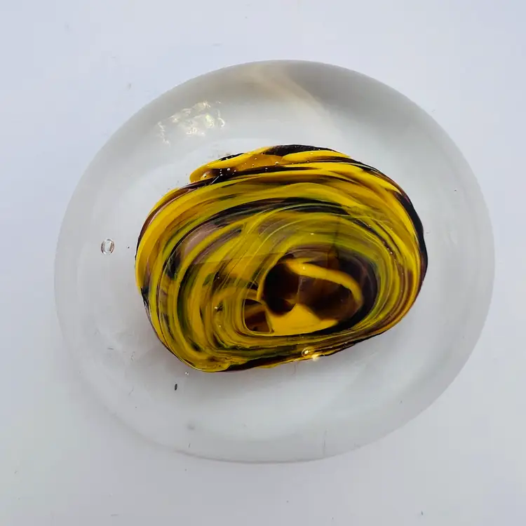 Pretty Yellow And Purple Swirl Czech Glass Paperweight 2.5”x 3”