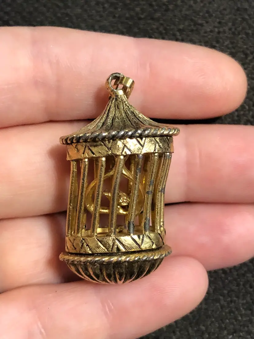Vintage Gold-Tone Bird Cage Solid Perfume Necklace Pendant
