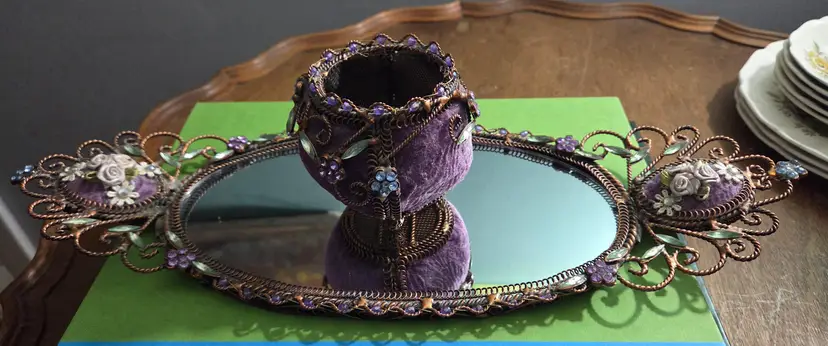 Vintage Victorian Brass Jeweled Mirror and velvet jeweled cup