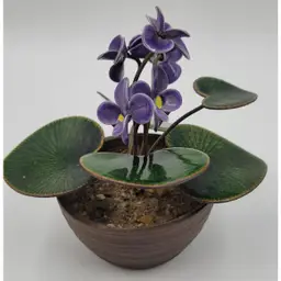 Bovano Of Cheshire Enamel On Copper Purple Violets Flower Pot Sculpture