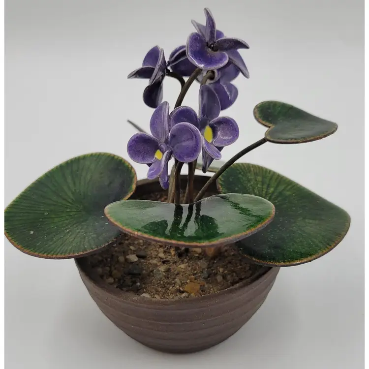 Bovano Of Cheshire Enamel On Copper Purple Violets Flower Pot Sculpture