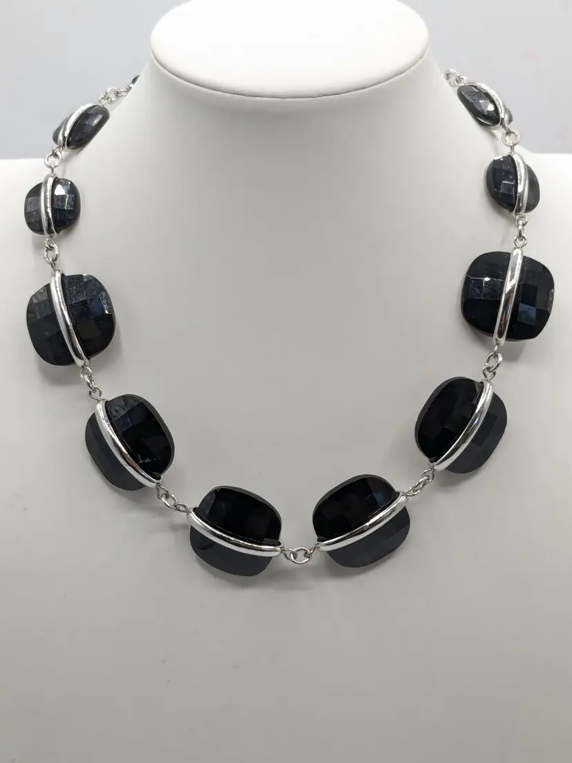 Lia Sophia Hype Black Faceted Glass and Silver Tone Necklace