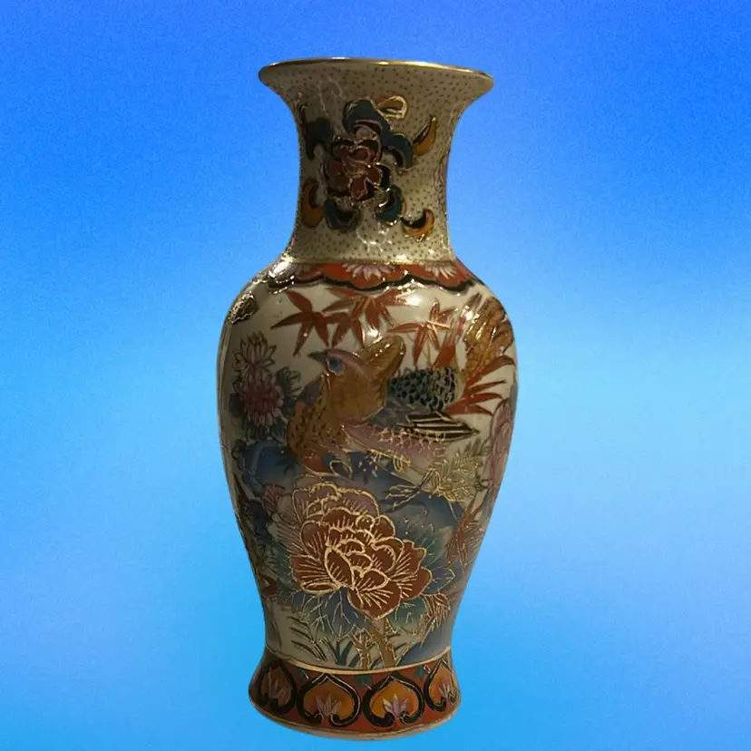 Hand painted floral and bird ceramic vase