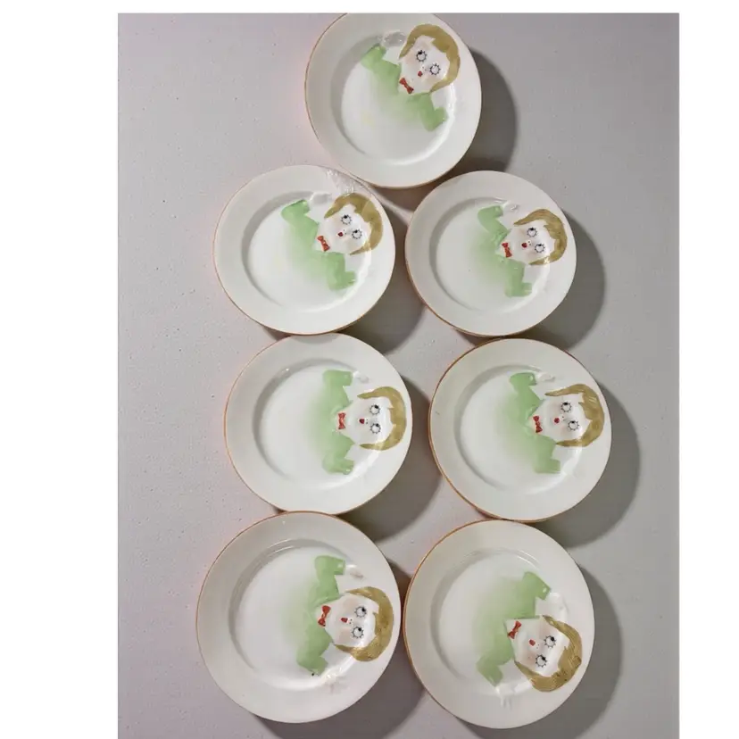 Vintage Ceramic Hand Painted Child’s Googly Eye  “Peak A Boo” 6 Plates & 2 Milk Pitchers - Made In Japan - ca. 1911 - 21