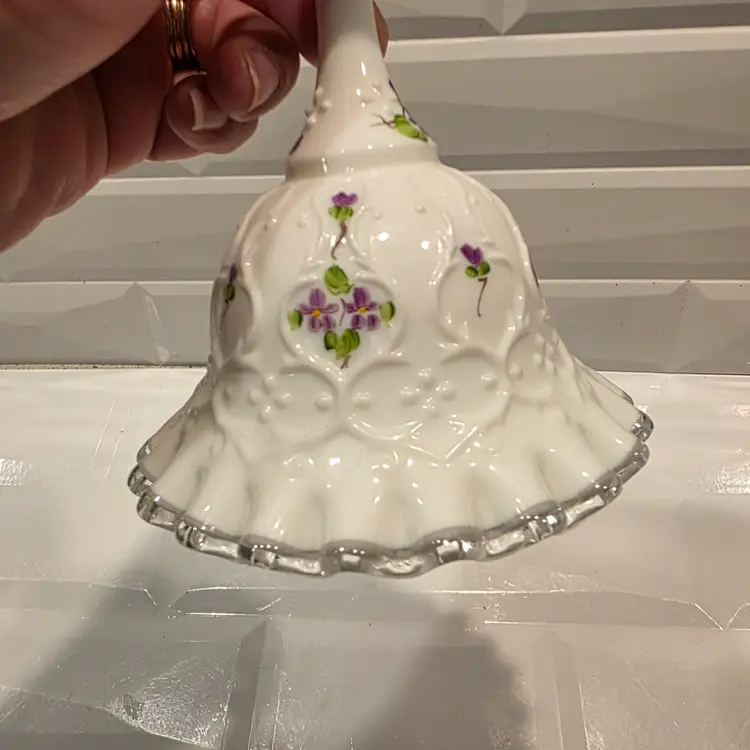 Vintage Fenton Milk Glass Ruffled Edge Violets in Snow Signed Handpainted Bell