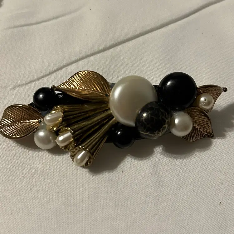 Vintage Handmade Gold Tone Metal Leaves Faux Pearl And Vintage Button Floral Hair Barrette