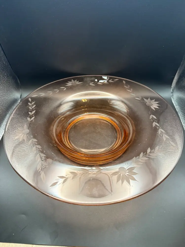 Vintage Pink Depression Glass Console Bowl with an Etched Floral Design