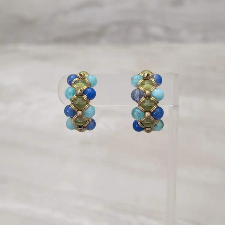 Vintage Clip On Earrings Large Chunky Beaded Half Hoop Green, Blue, Gold Tone