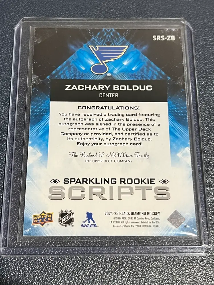 2024-25 Upper Deck Black Diamond Sparkling Rookie Scripts Zachary Bolduc Auto St Louis Blues