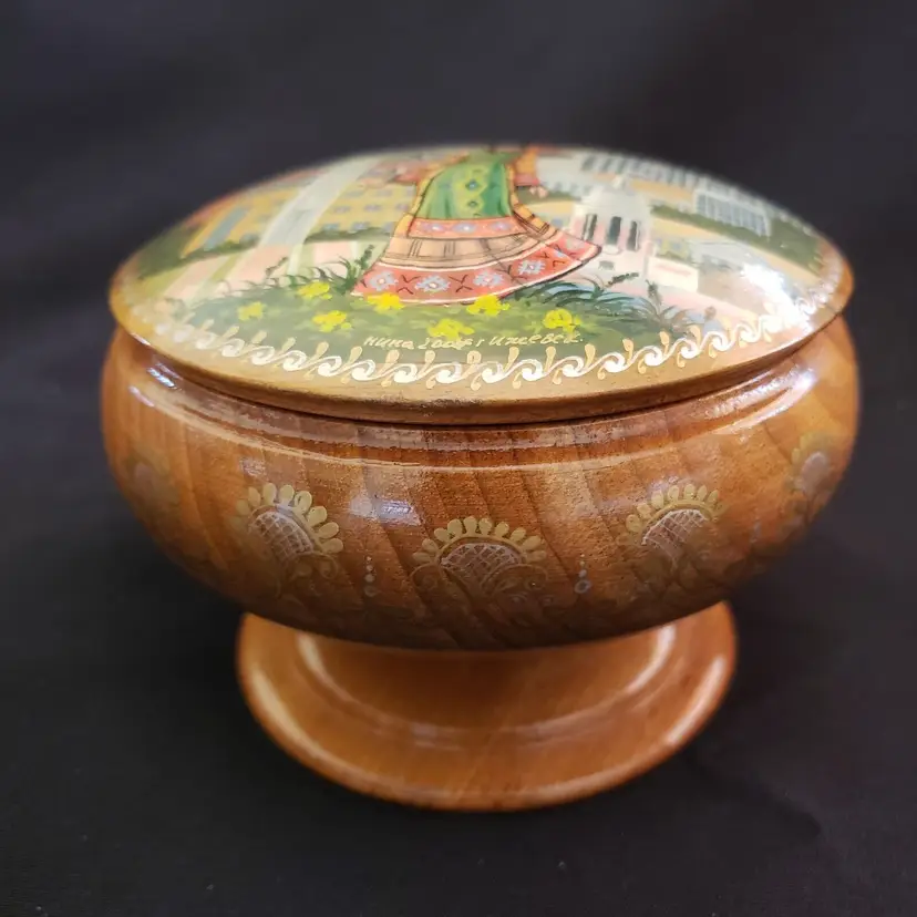 Russian Illustrated Wood Pedestal Trinket Box Woman in Traditional Dress & City