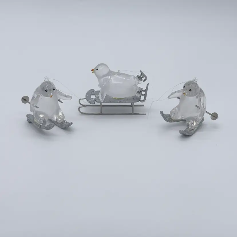 Vintage Lucite Clear Acrylic Ice Skiing Penguins Ornaments With Glitter Accent