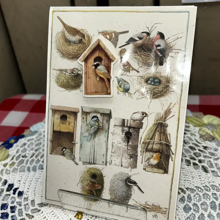 3 Choice Vintage Marjalean Bastin Greeting Card With Bird Pin, Squirrel Magnets (2), Lemon Magnet or Feather Decor
