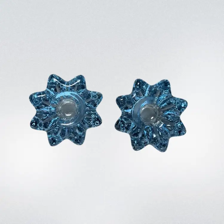 Stunning Pair Of Crystal Flower Shaped Candle Holders In A Light Blue