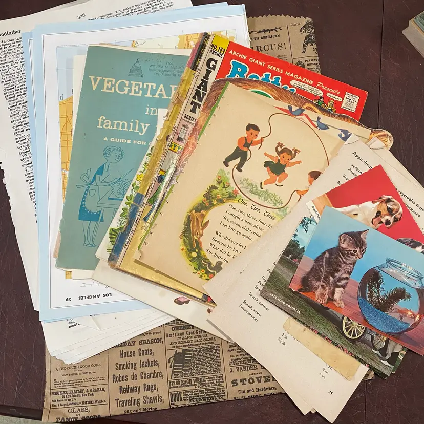 12” X 14” Bag Of Paper Ephemera, Pages From Dictionary Kid-books Atlas Comics Postcards Cookbooks Etc.