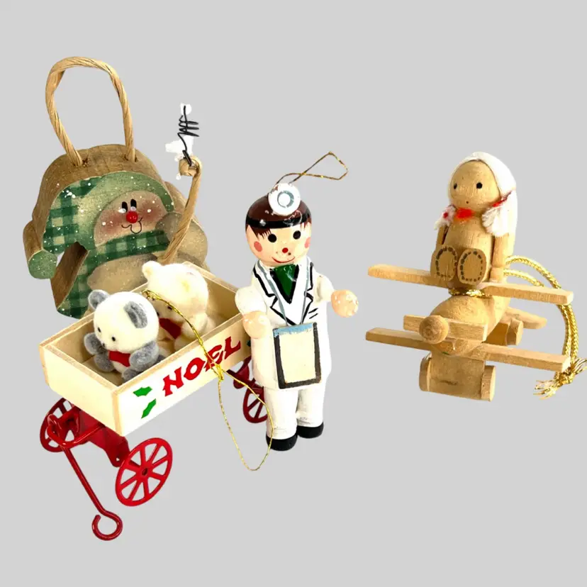 4 Vintage Wooden Christmas Ornaments: Teddy Bears In Wagon, Snowman, Girl In Plane, & Doctor