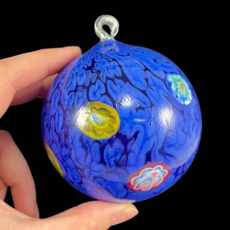 Hand Blown Glass Ornament UV Glow, Blown Glass Millefiori Blue Ornament, Millefiori Blue Glass Ornament, Art Glass Orb, Art Glass Ornament, Hand Blown Glass Orb, Christmas Ornament, UV Glowy Glass