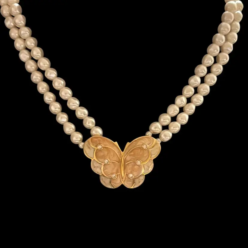 KJL for Avon: Two Strand Faux Pearls, with Enameled Shades of Yellow/Gold Butterfly