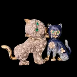 Two Cat with Green Eyes Brooch -