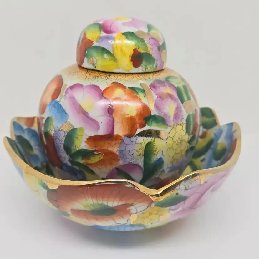 Vintage Porcelain Floral Ginger Jar with Lid and Matching Bowl
