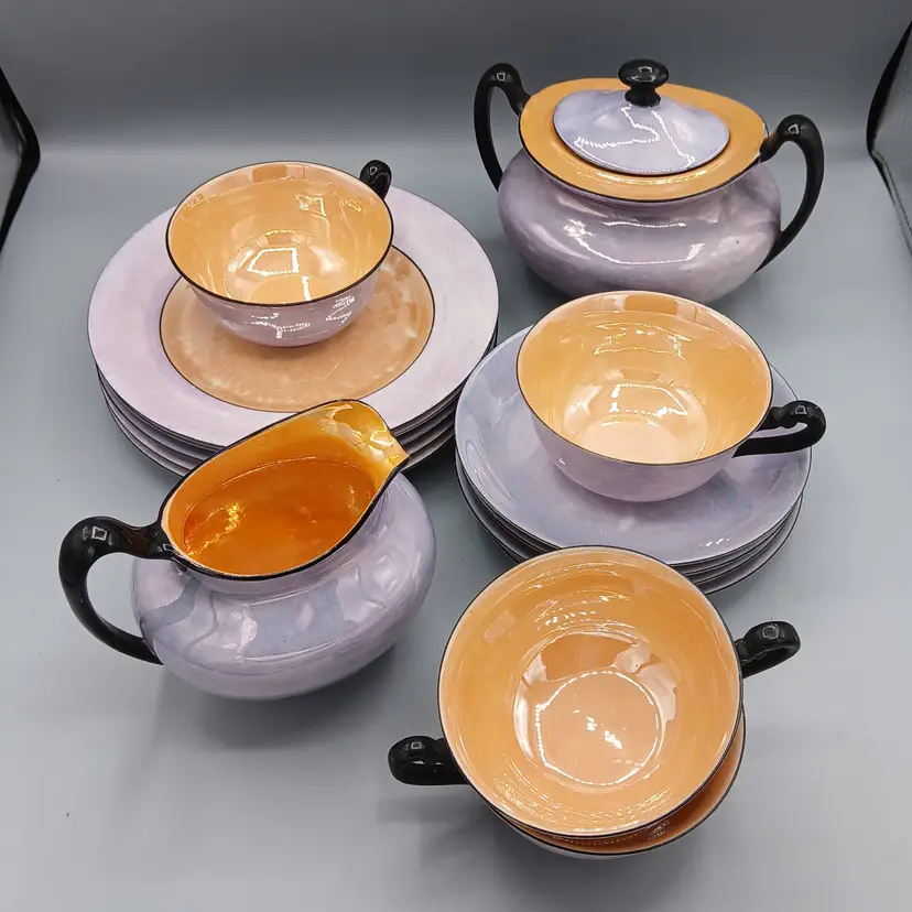#033 - Vintage Czech Phoenix China Lusterware Coffee Or Tea 16 Pc Set, Purple & Peach