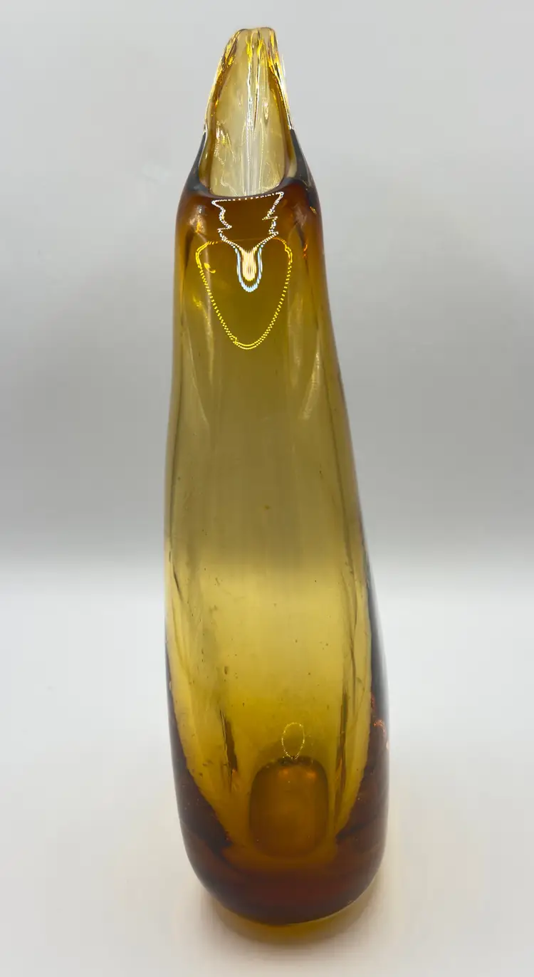 Vintage 1960’s Mid-Century Amber Art Glass Pitcher Vase, Retro Home Decor, Elegant Art Glass Clear Bottom, By Emboli Ewer, Made in Italy