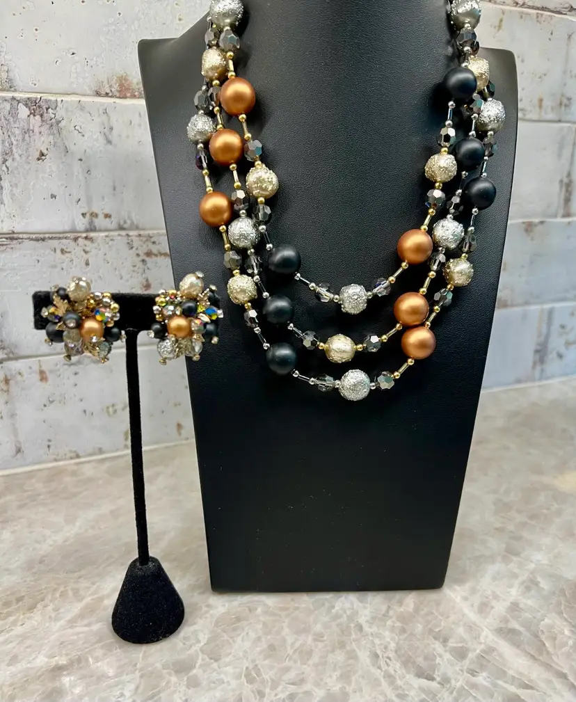 Signed Vintage Demi Parure Vendome 3 Strand AB Faceted Crystal Beads Silver Foiled, Black & Tangerine Colored Beads With Clip On/Screwback Earrings