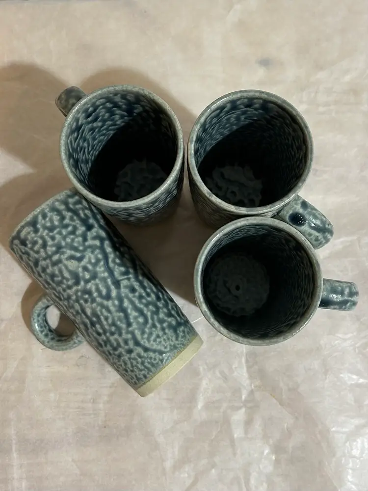 Ceramic Blue Salt Glazed Studio Pottery 5” Tall Mugs Set of 4 Signed
