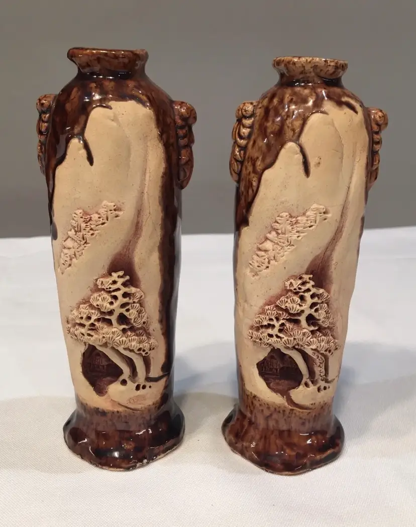 Antique Japanese Carved Banko Red-Ware Pottery Mountain Bonsai Vase Relief Art