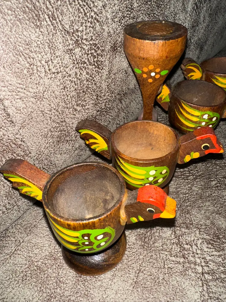 Vintage hand painted wood chicken egg cups and hourglass timer set of 5