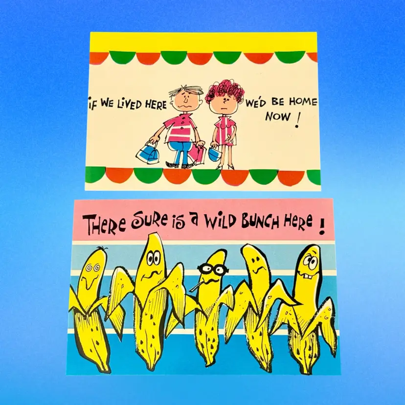 Lot/2 Vintage Wizard Cards Plastichrome Continental Humor Postcards, Unused