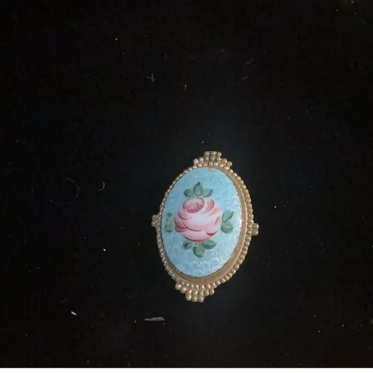 MCM Guilloche Enamel Brooch Hand Painted Pink Rose