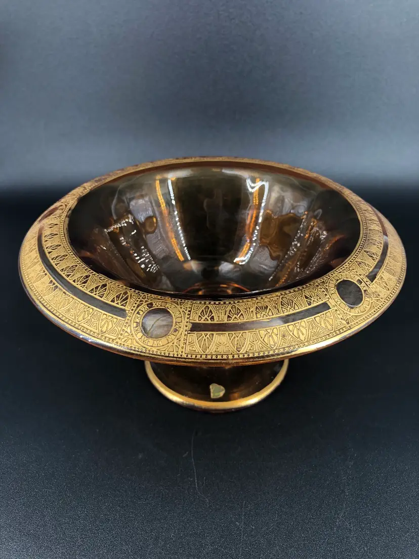 Vintage Imperial Glass and Lotus Gold Encrusted Art Deco Border Compote
