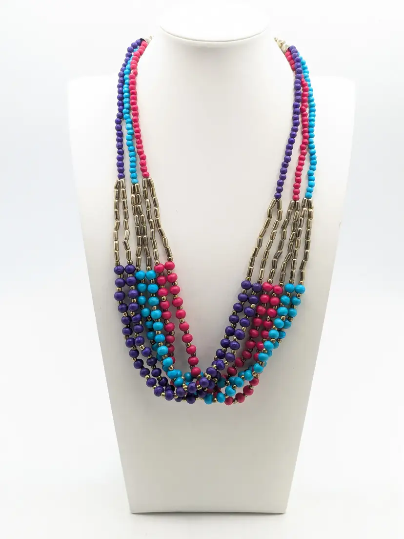 Gold Tone with Wood Pink Purple Turquoise Color Beaded Necklace