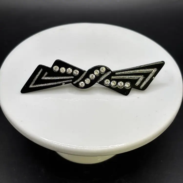 Black Art Deco Style Bow Brooch 3”