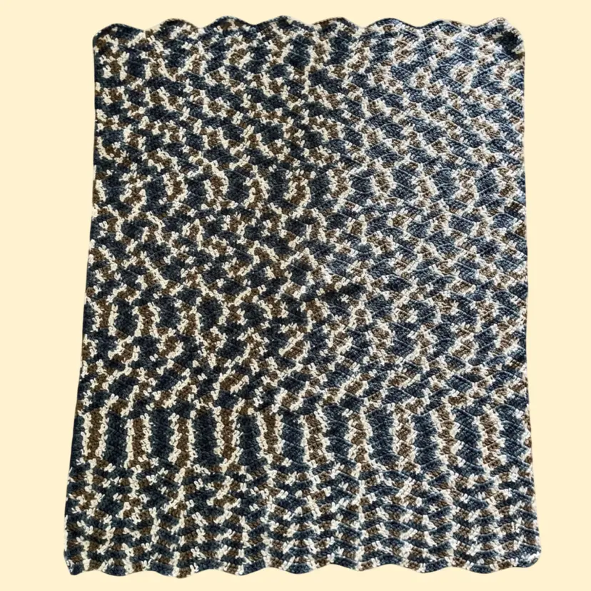 Summer - Small Farmhouse Style Hand Knit Throw Scalloped Edges - Blue, Beige, White - About 44” X 36”